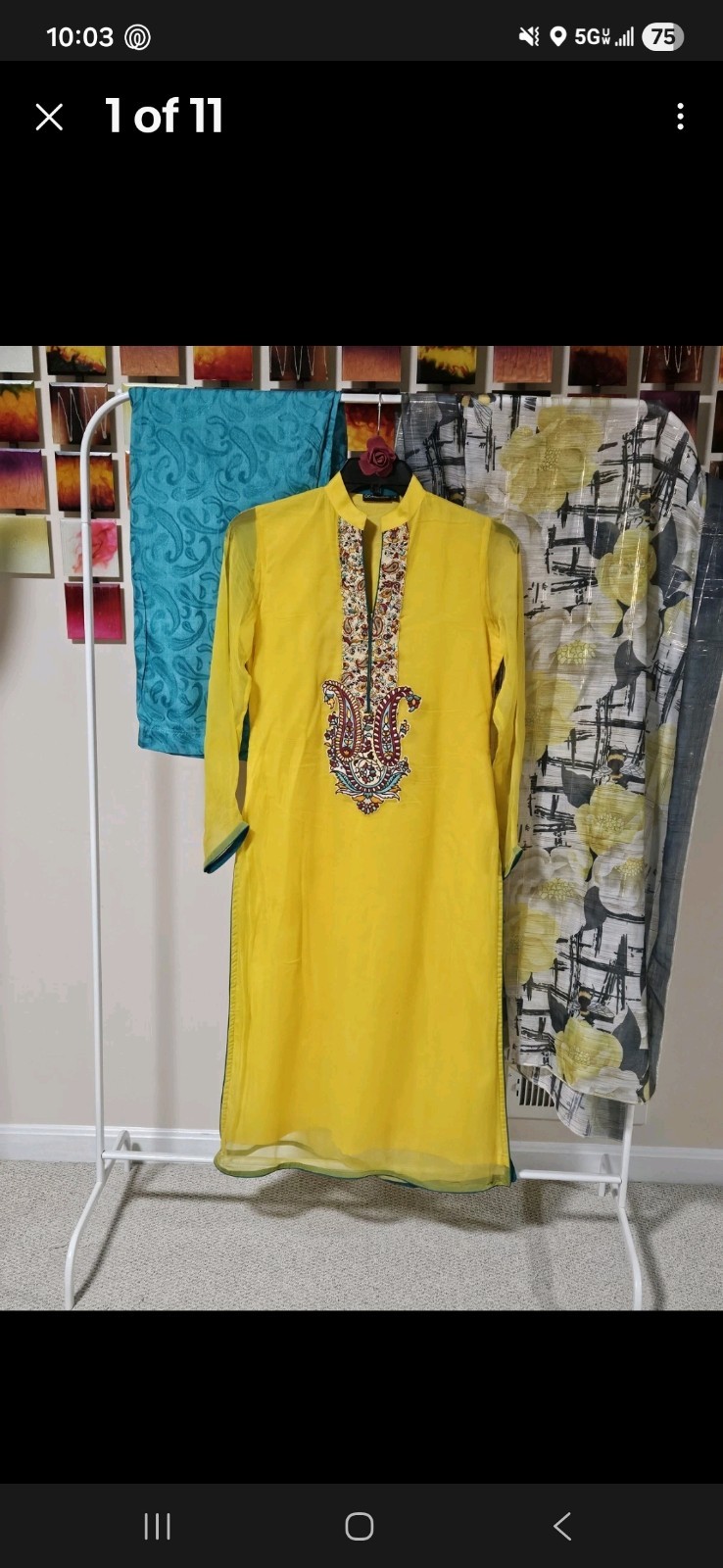 3 Piece Set Indian Pakistani Embroided Women’s Size M Yellow Turquoise Kameez