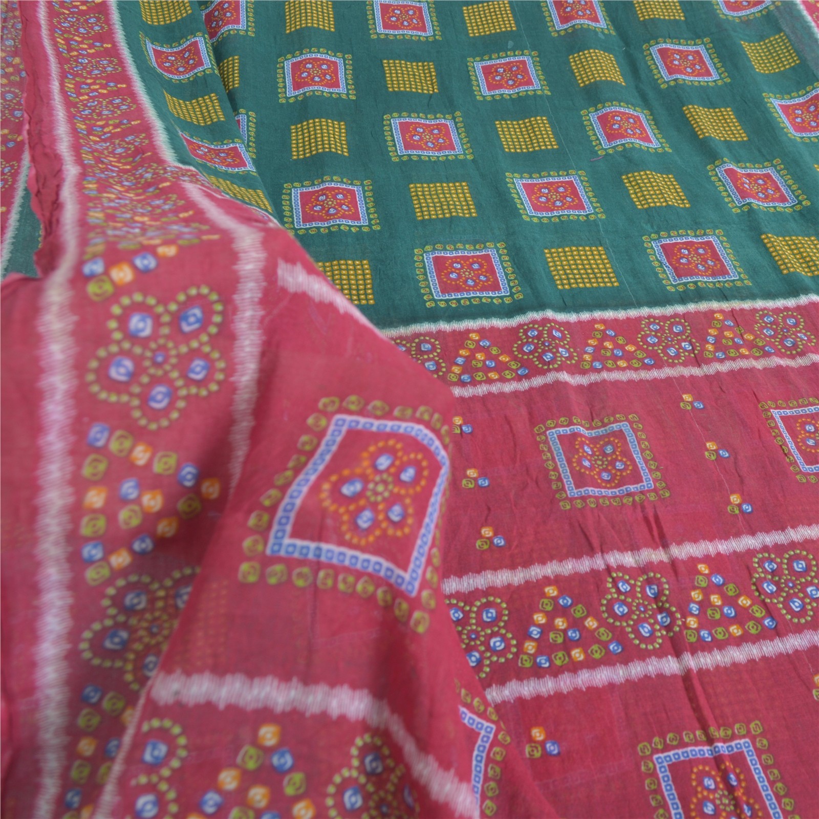 Sanskriti Vintage Saree Green Pure Cotton Bandhani Print Sari 5+Yd Craft Fabric
