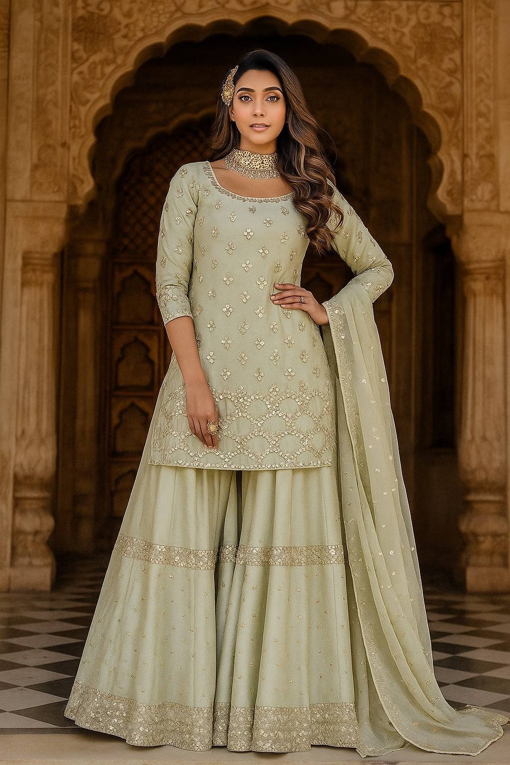 New Bollywood Style Nylon Silk Kurta Palazzo With Net Dupatta For Women