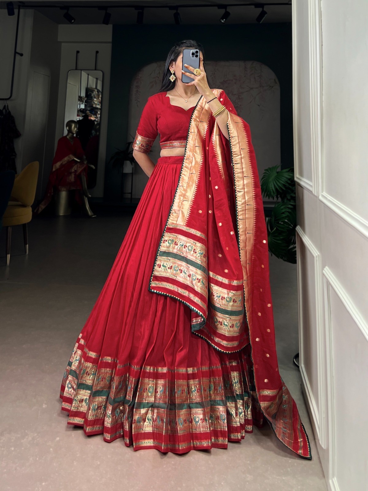 Indian Chanderi Lehenga Choli Dupatta Set Zari Weaving Wedding Party Wear