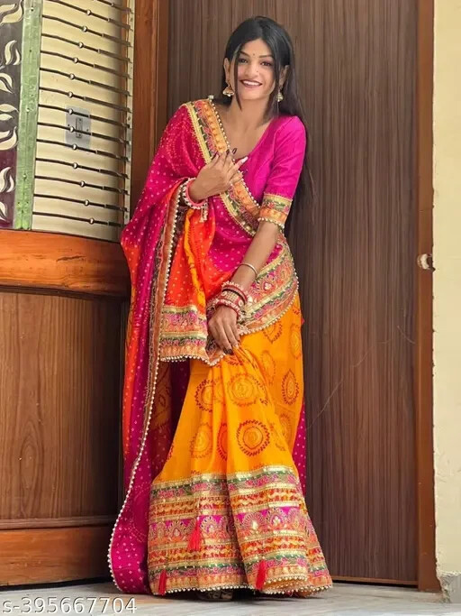 Women’s Bandhani Saree With Lace Border And Unstitched Blouse Piece