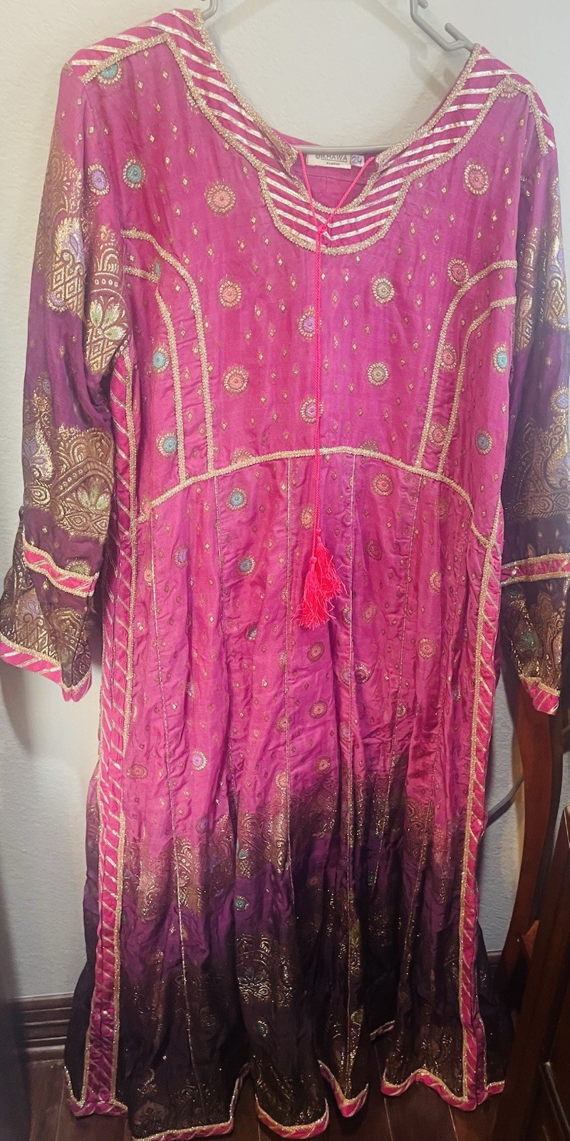 Dikhawa Silk Salwar Kameez Pink Brown Gold Blue Women Size 24 Traditional Outfit