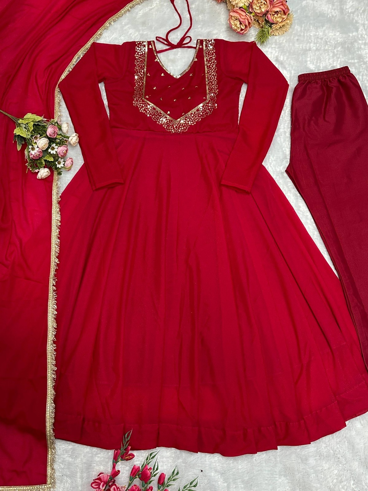 Stylish Heavy Georgette Red Gown Bottom With Dupatta For Festival Wear