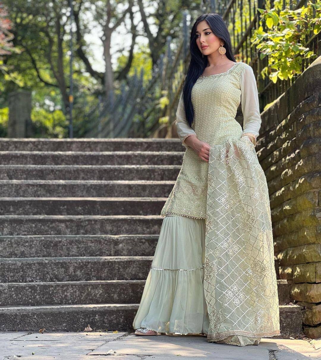 Mint Green Georgette Palazzo Suit With Dupatta For Indian Wedding Wear