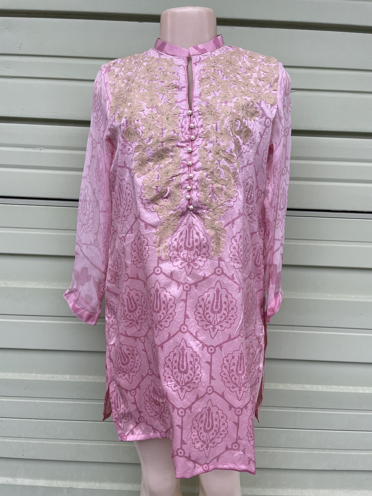 Agha Noor Pink Floral embroidered dress Pearls semi sheer size M #6506 (READ)