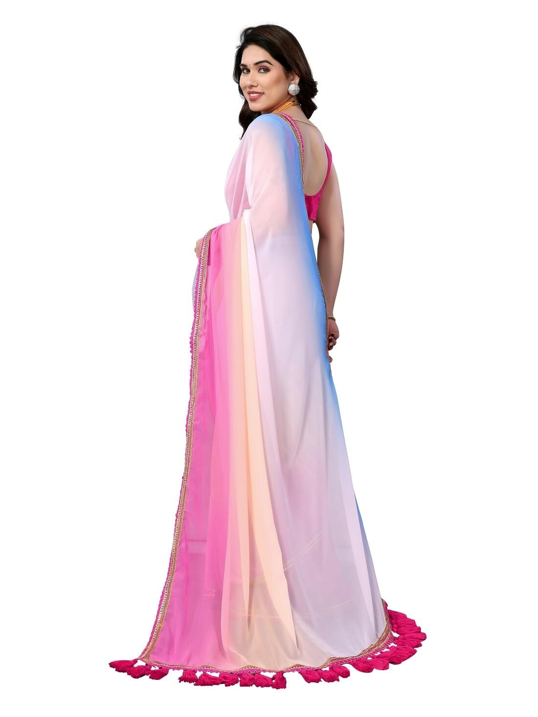 Women’s Fancy Desian Georgette Saree FOr Women With Latkan Tassels Lace Border