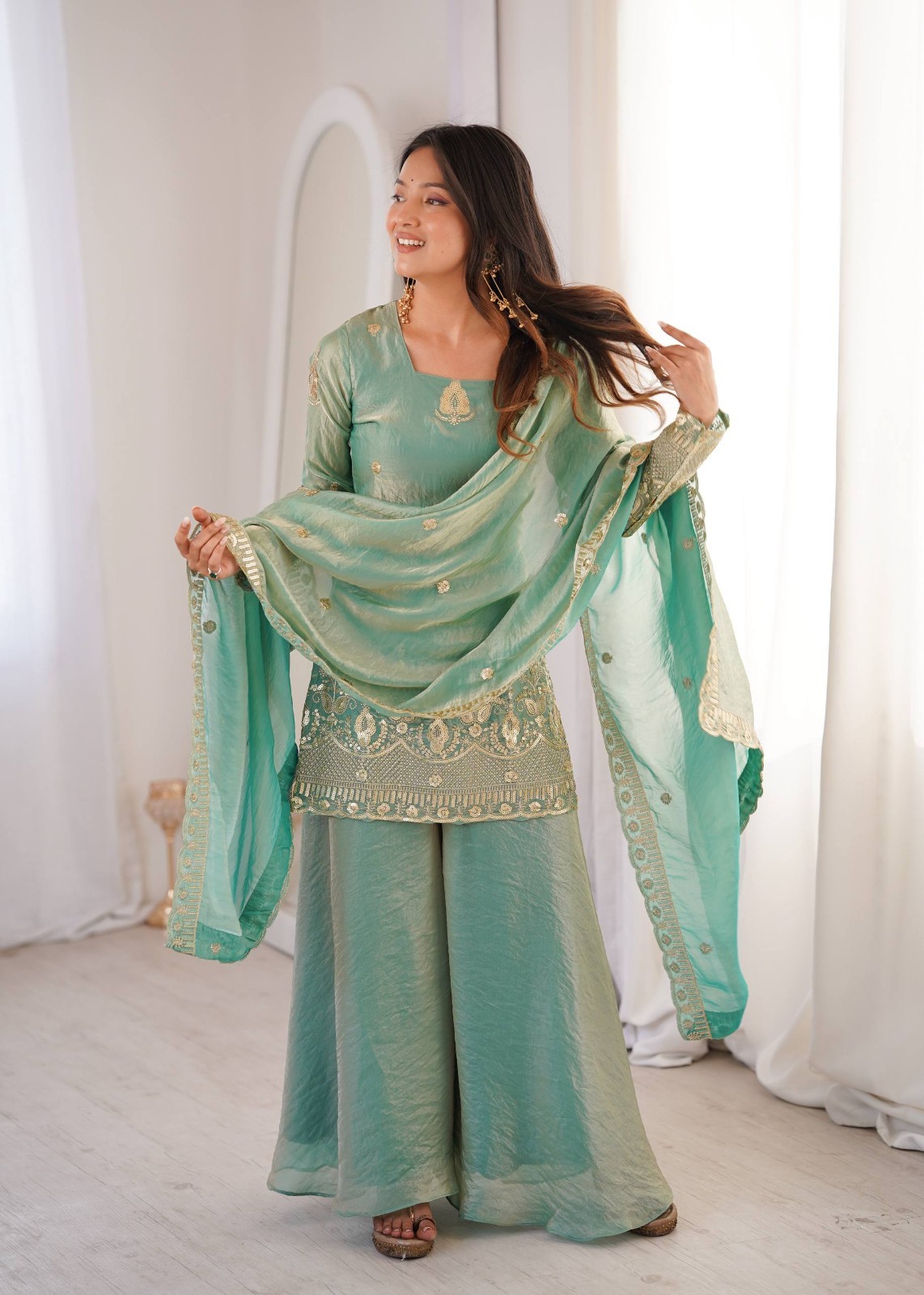 Bollywood Style Silk Sea Green Top Palazzo With Dupatta For Women Festival Wear