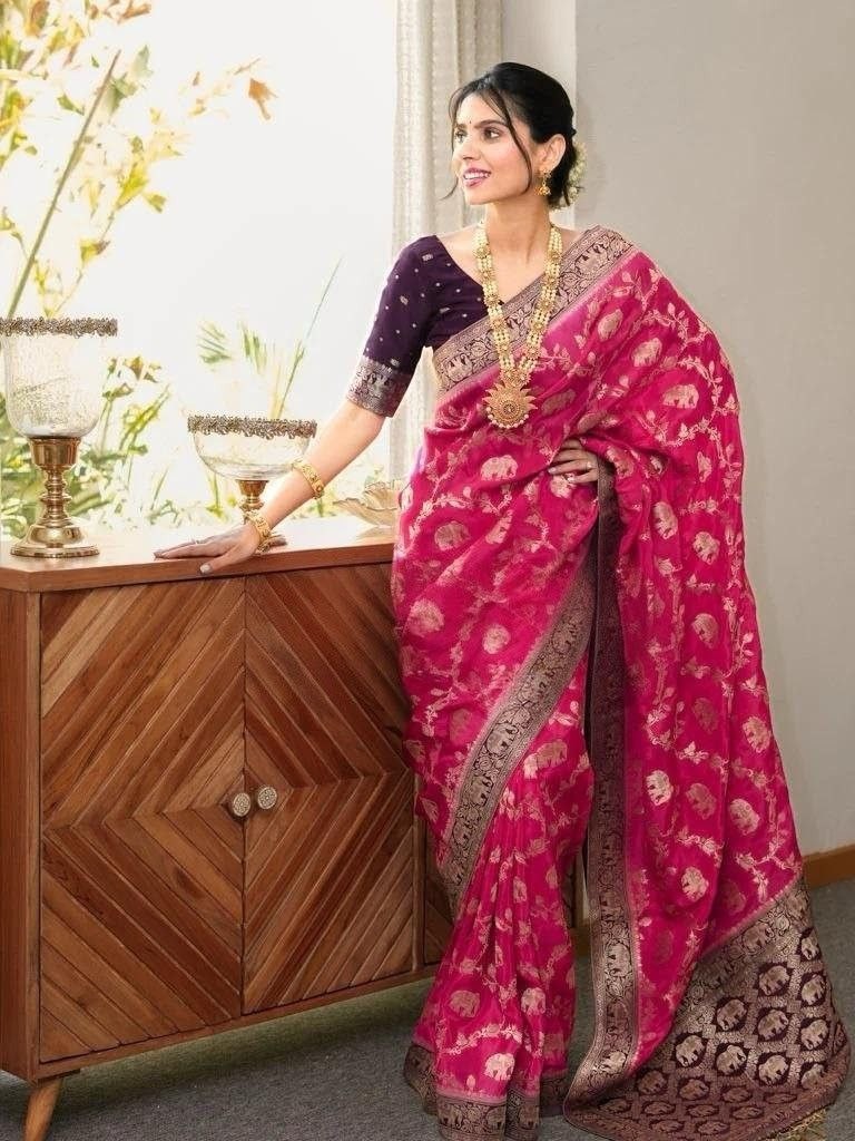 BANARASI SOFT SILK SAREE WITH BLOUSE INDIAN WEDDING PARTY WEAR SARI