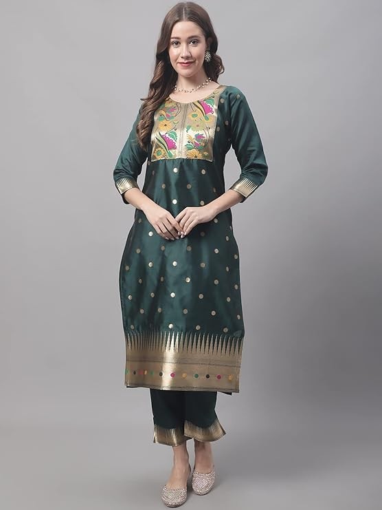 Women’s Cotton Silk Jacquard Straight Kurta with Pant & Banarasi Silk Dupatta