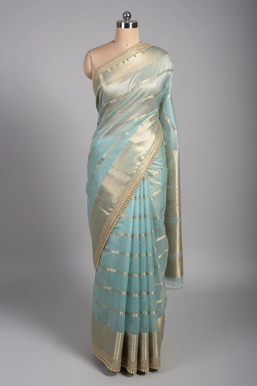 Women Sea Blue Banarasi Organza Silk Saree Lace Work Unstitched Blouse Piece