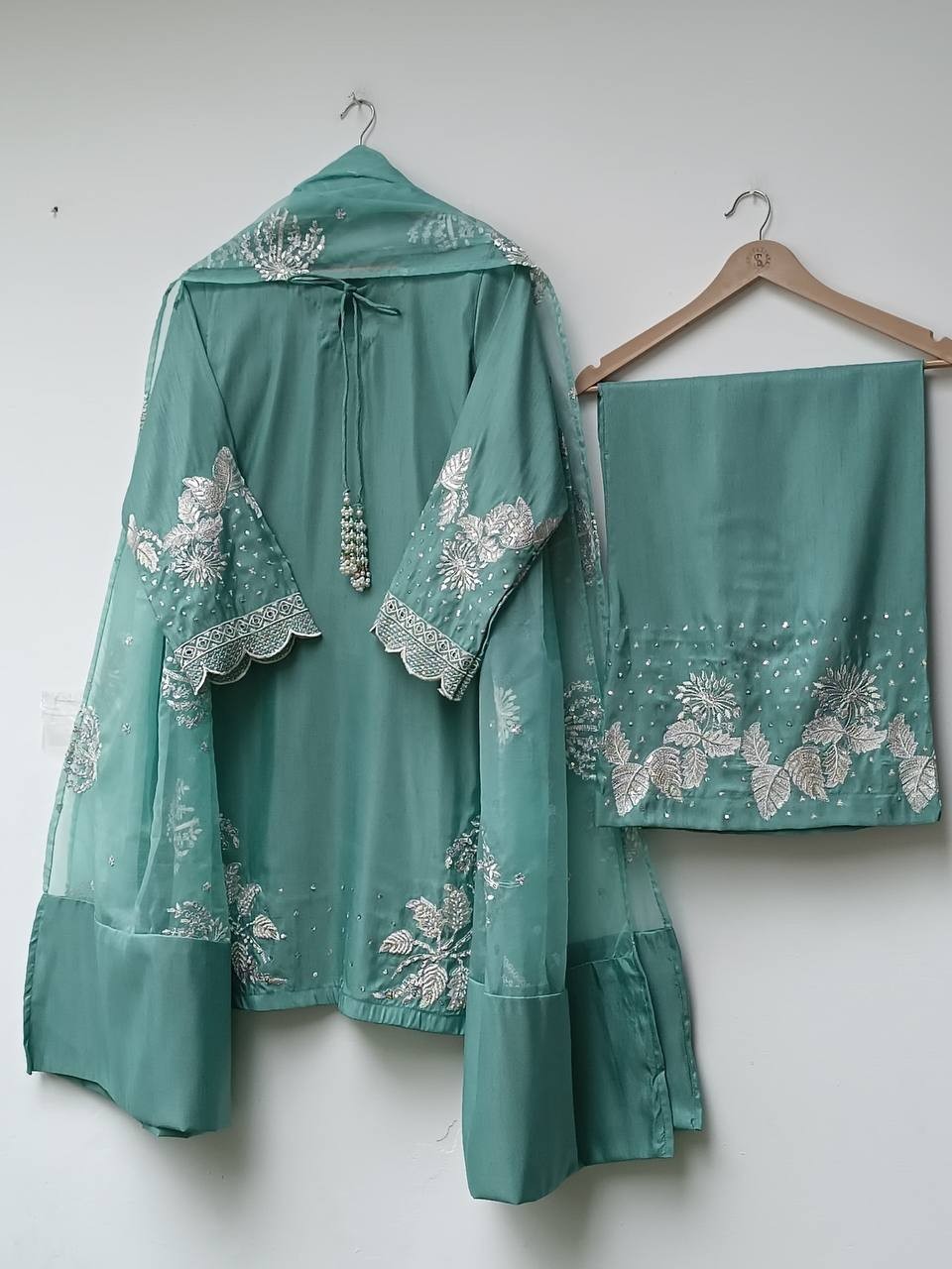 Unique Designer Sage Green Natural Crepe Kurta Palazzo With Dupatta For Women