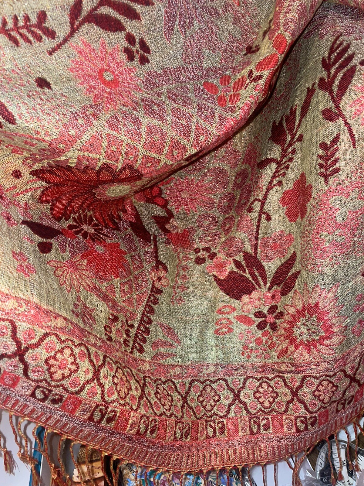 Mexican Women’s Red & Gold Floral Rebozo Poncho Wrap Cover Cape