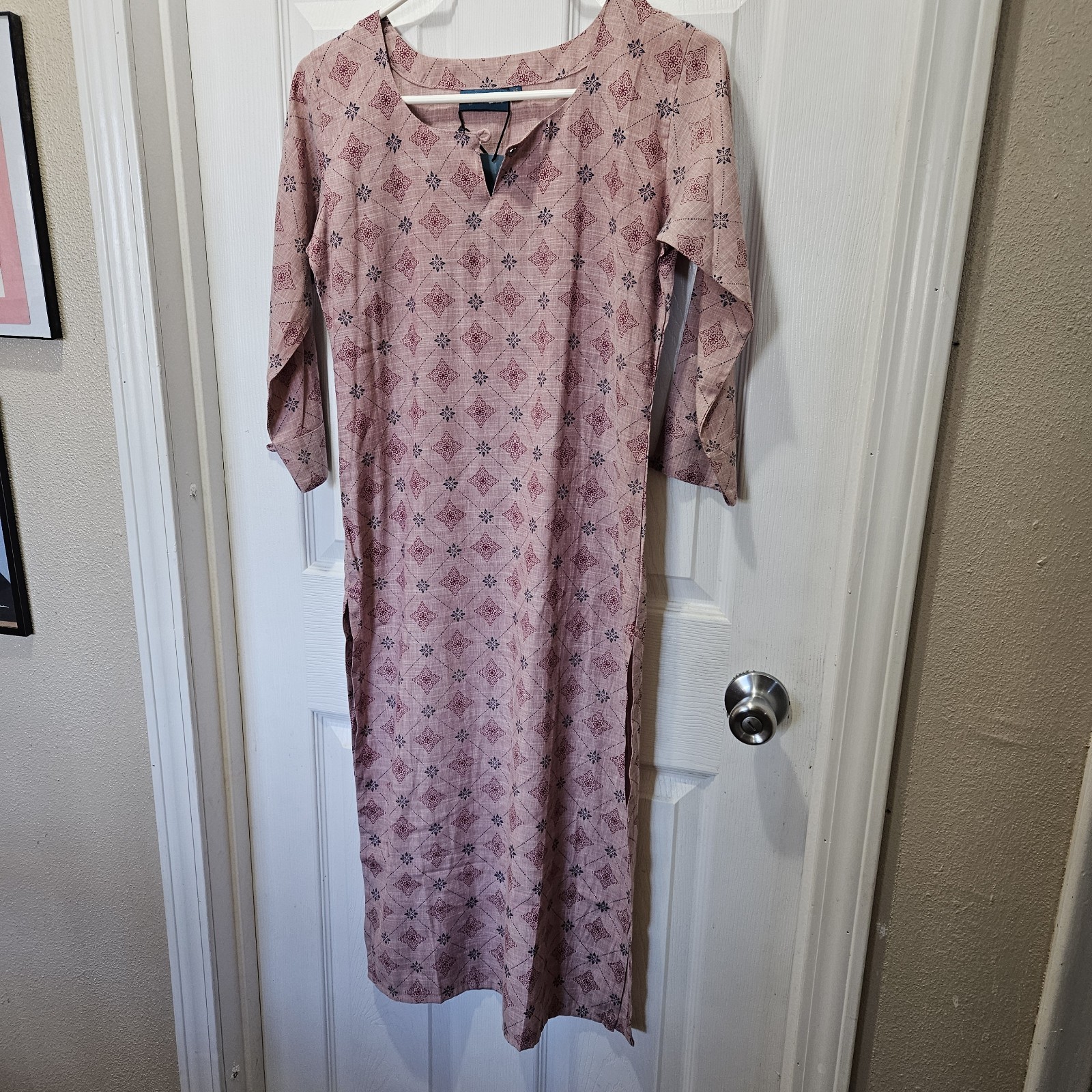 Yavi Kurta Pink Black Print Cotton 43″ Long Kurta size XS NWT India