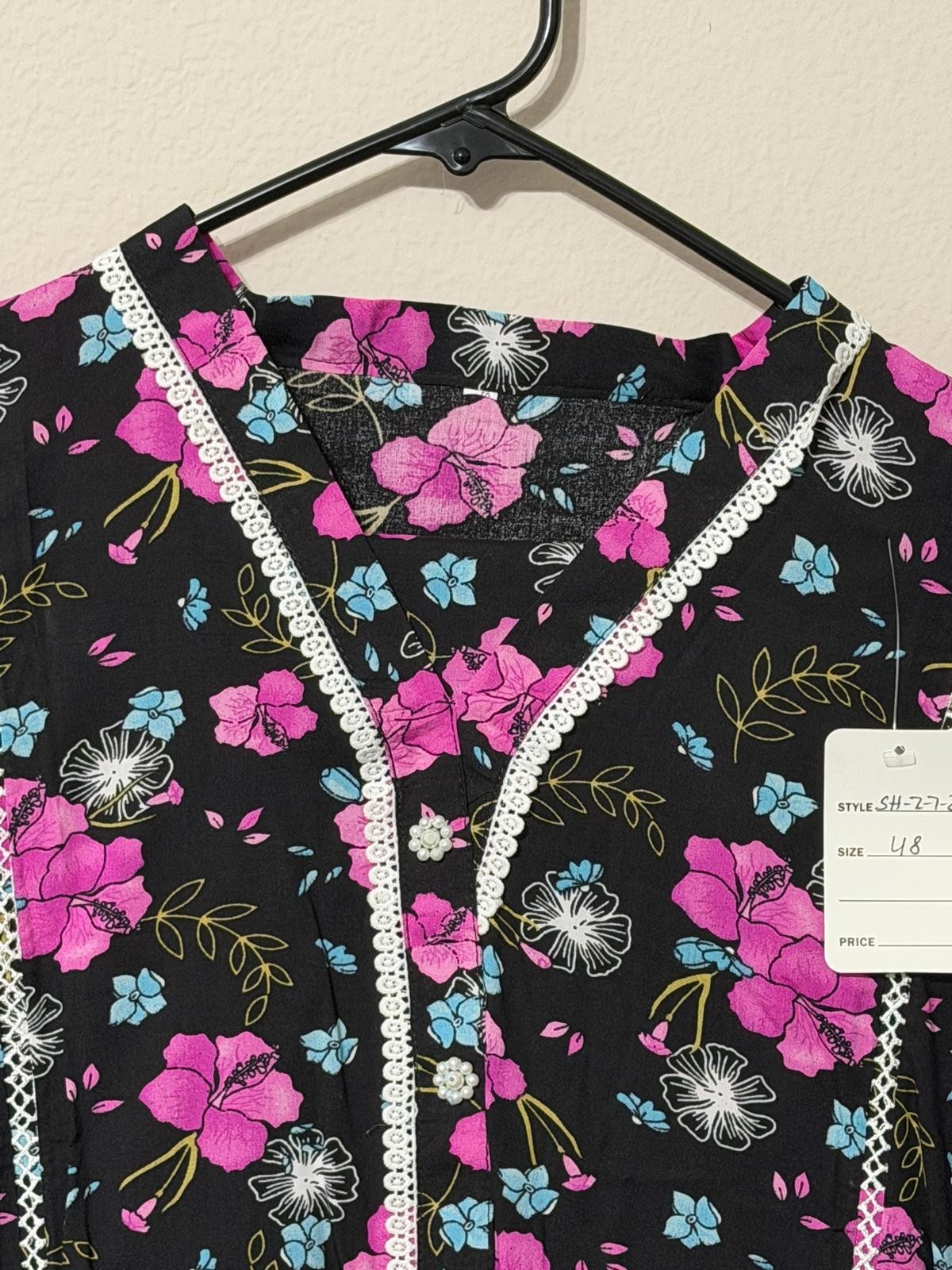 Women’s Lace Shalwar Kameez Pant Cord Set Black Purple Floral Print XL 48