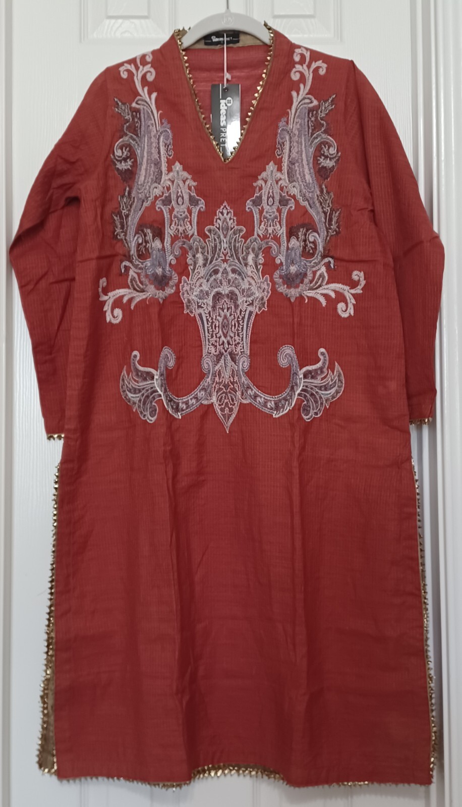 NWT GUL AHMED Sz S 2Pc Formal Embroidered Cotton Kurti, Chiffon Dupatta Pakistan