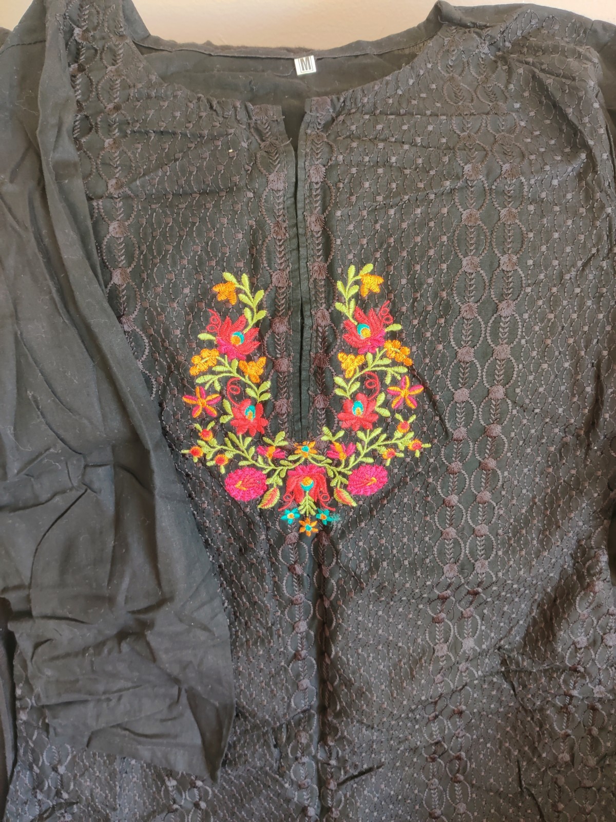 Pakistani Cotton Salwar Kameez Black Embroidered Set with Green Red Dupatta