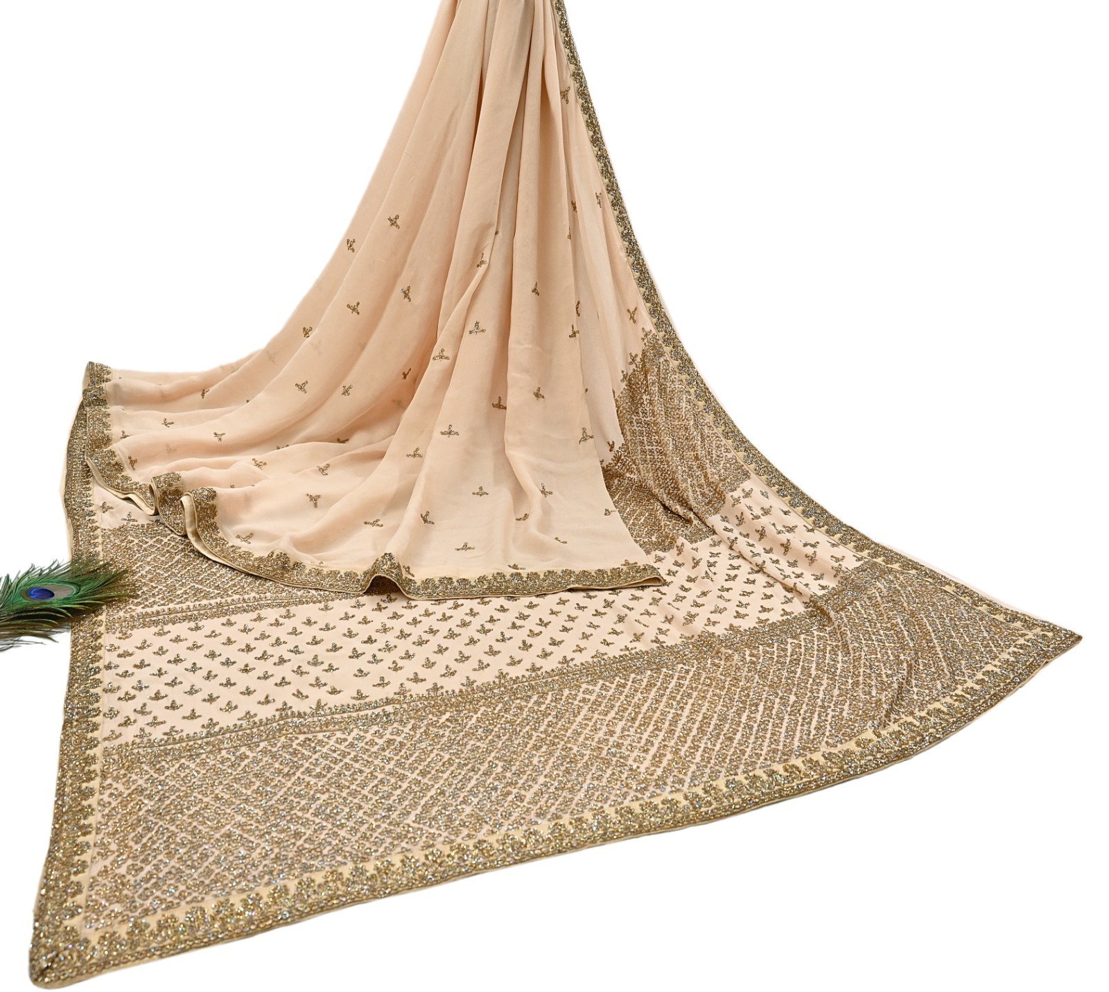 Rare Vintage Beige Georgette Silk Hand Embroidered Designer Sabyasachi Saree 6yd