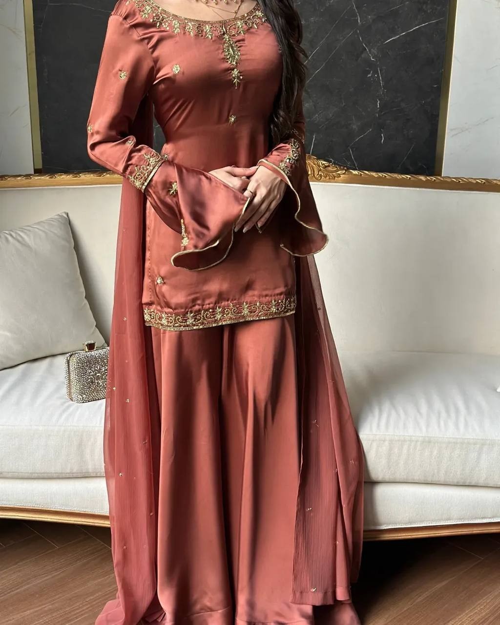 New Heavy Natural Crep Silk Pink Top Palazzo With Dupatta For Women Party Wear
