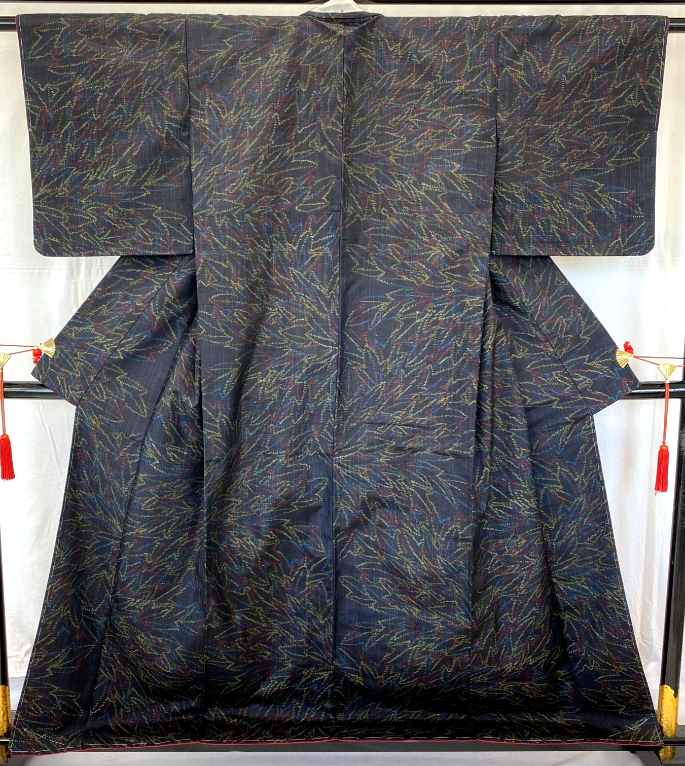 Japanese Vintage Kimono Silk Navy Tumugi Traditional Authentic Length 63 in