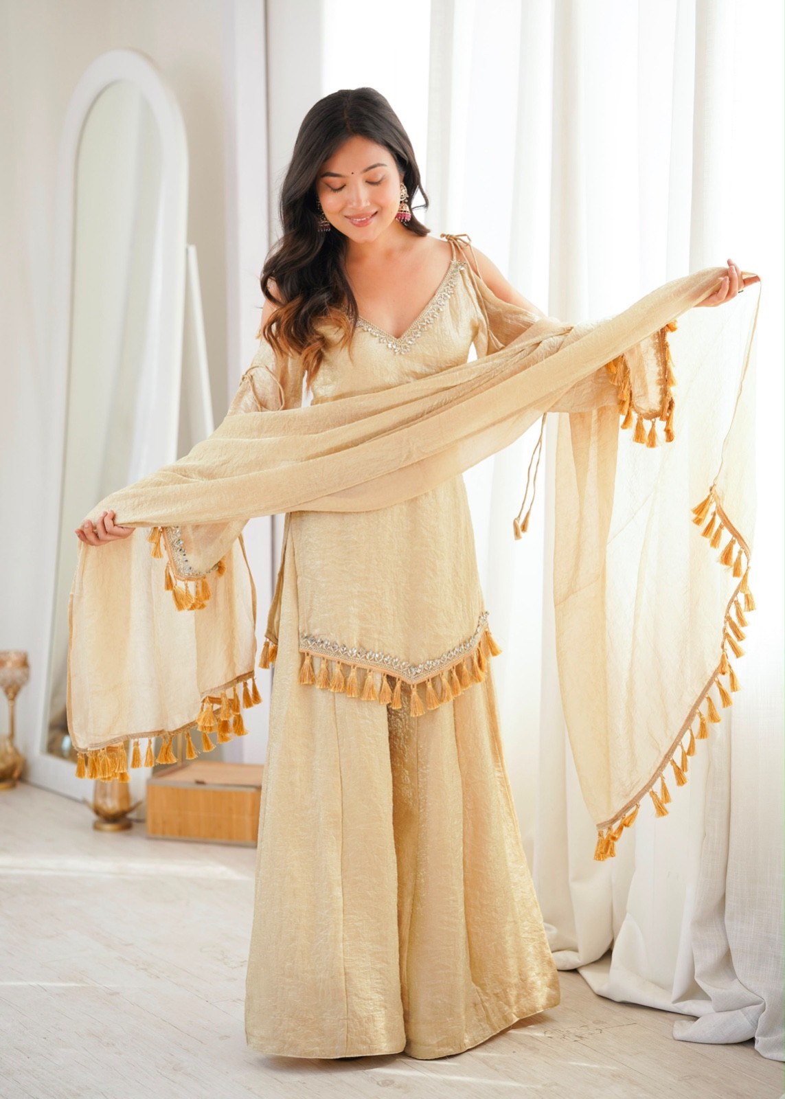 Women’s Mirror Work Kurta Palazzo Set Indian Wedding Party Wear Suit Dupatta
