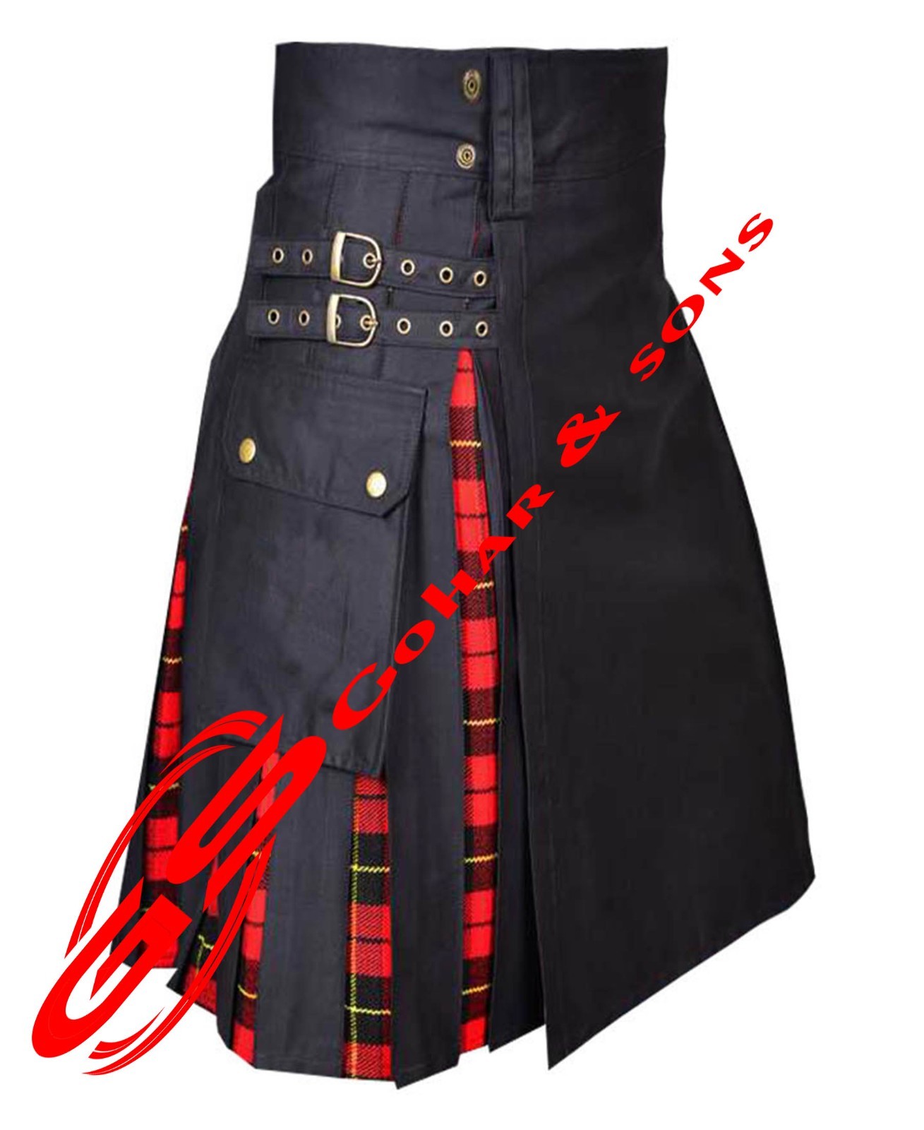 Men’s Modern Hybrid Black Cotton & Wallace Tartan Utility Traditional Kilt