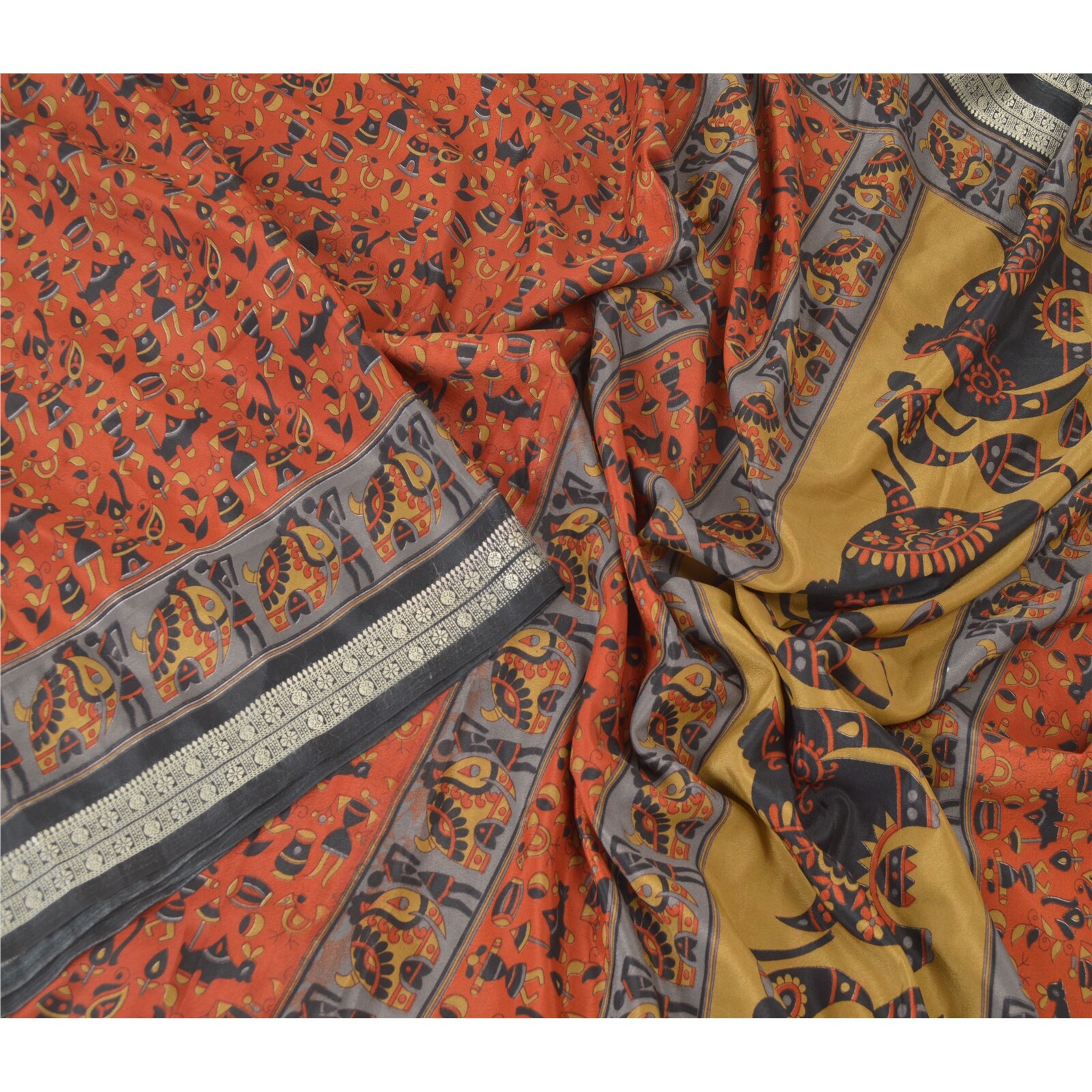 Sanskriti Vintage Orange Indian Sarees Art Silk Fabric Craft Warli Printed Sari