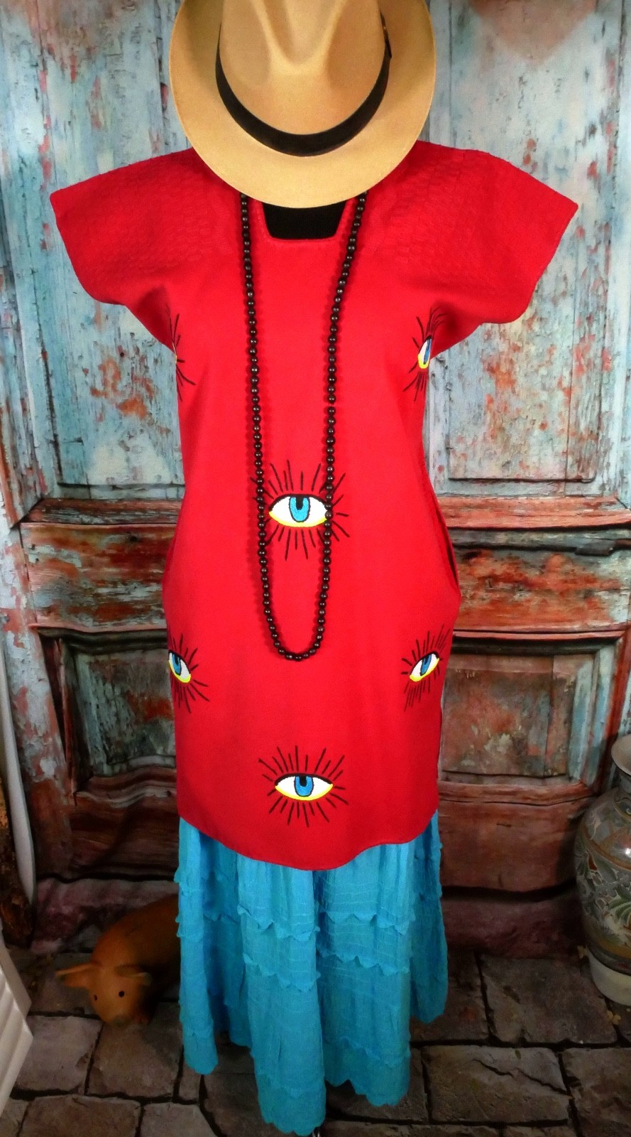 Huipil Kaftan Handwoven Red & Embroidered Eyes San Juan Colorado Oaxaca Mexico