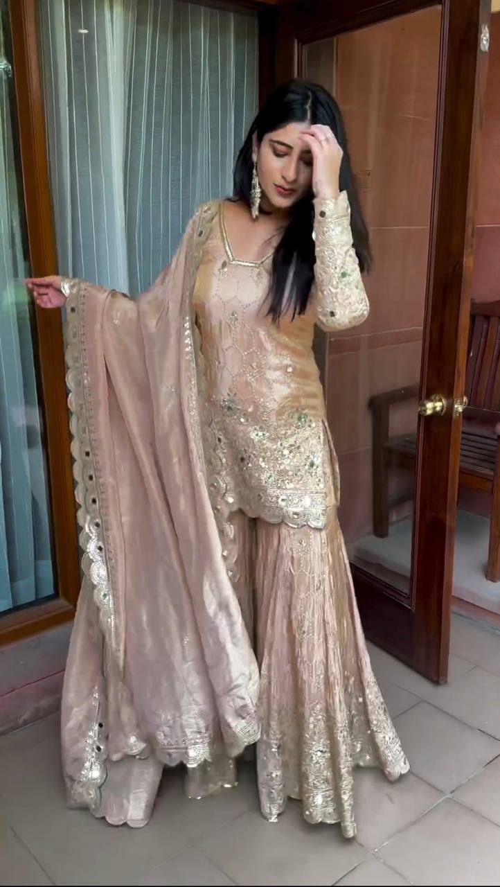 Pakistani Dark Beige Mirror Work Embroidered Kurta Sharara Set Readymade