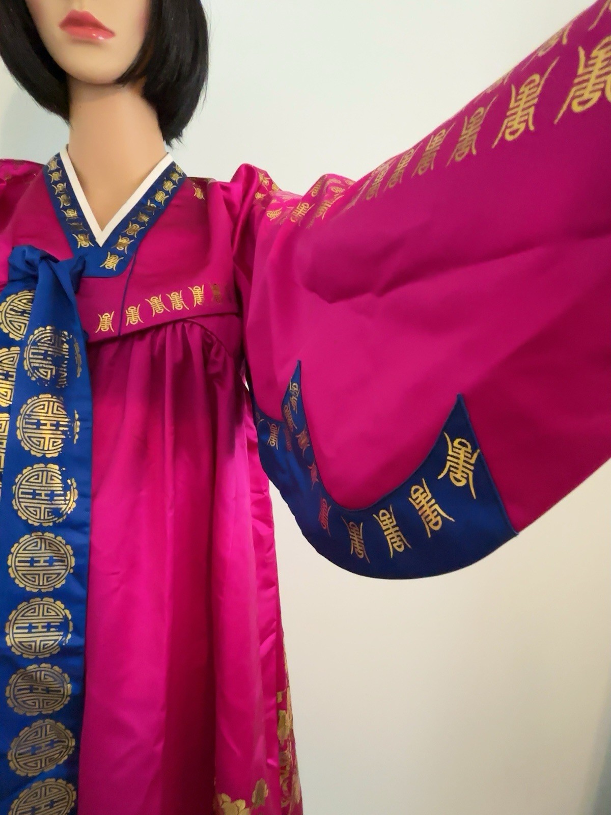 Korean Hanbok Dress Womens Blue Pink Gold Accents Peacocks