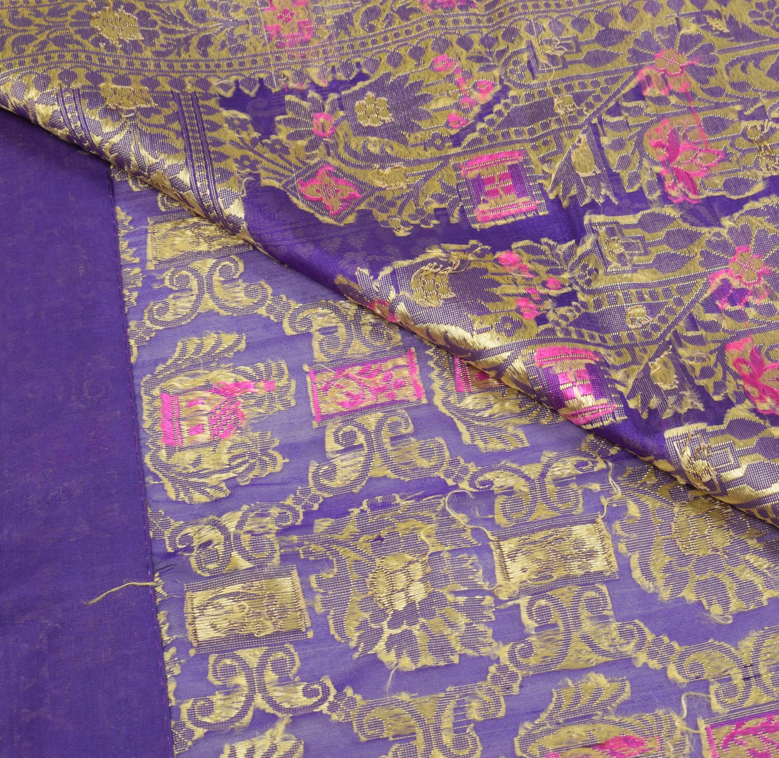 Sushila Vintage Purple Saree Floral Woven Pure Organza Silk Sari Craft Fabric