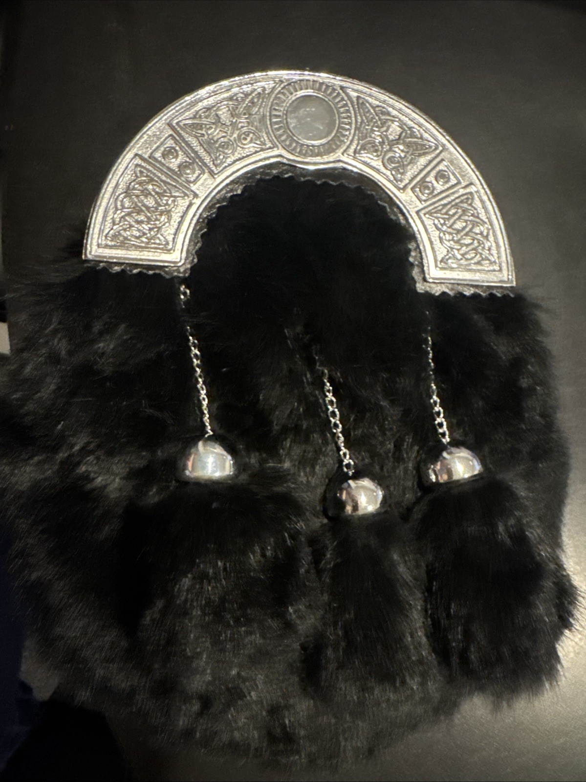 Scottish Kilt Sporran Black Rabbit Fur with 3 Fur Tassels
