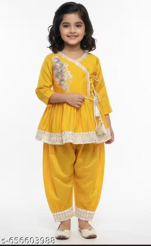 Ethnic cotton blend party /festive wear kurta pajama set for kids girls (yellow)
