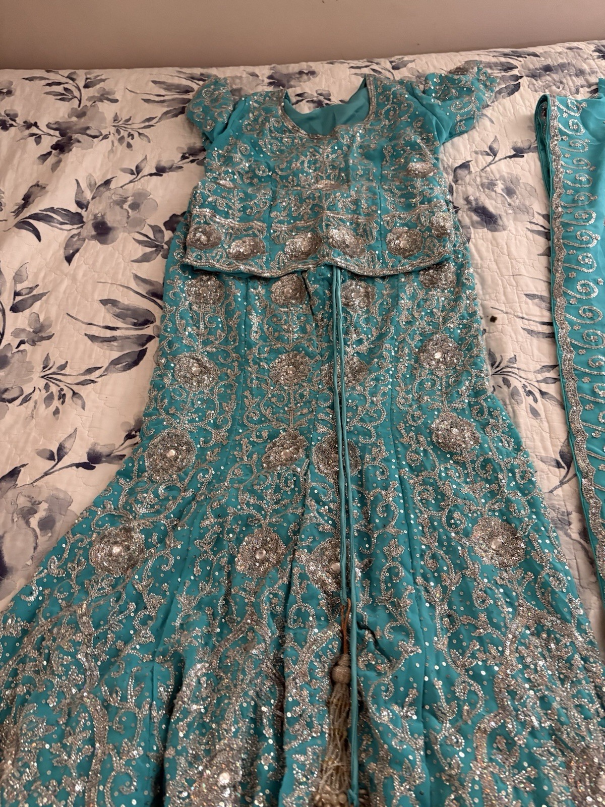 Stunning Turquoise & Silver Heavily Embroidered 3-Piece Lehenga Choli Set
