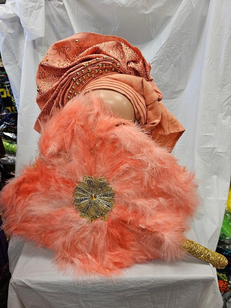 Elegant peach African Bridal Feather Hand Fan