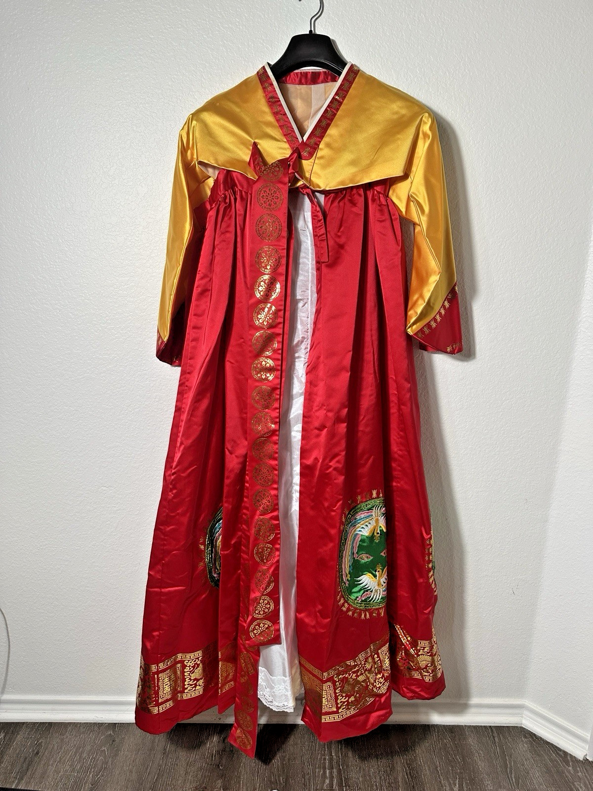 Traditional Korean Hanbok Dress 3 Pc Set Red Gold Embroidered Phoenix