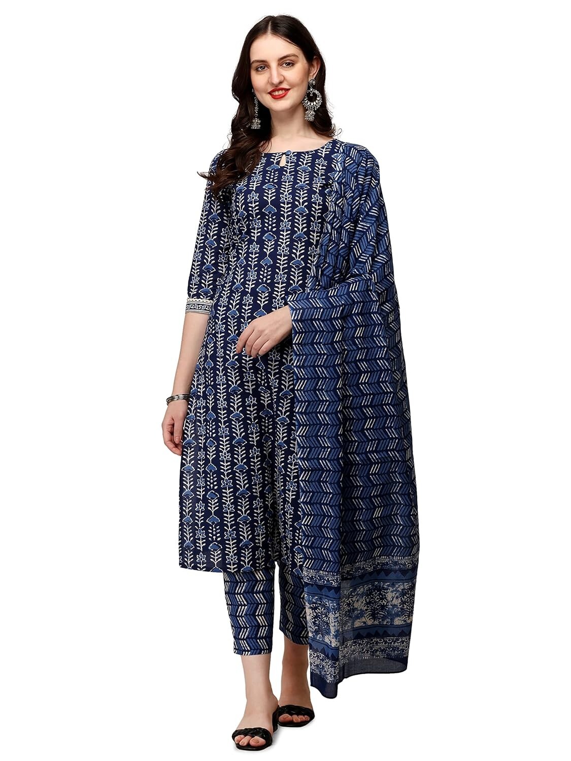 Women’s Blue Pure Cotton Straight Kurta with Pant and Dupatta