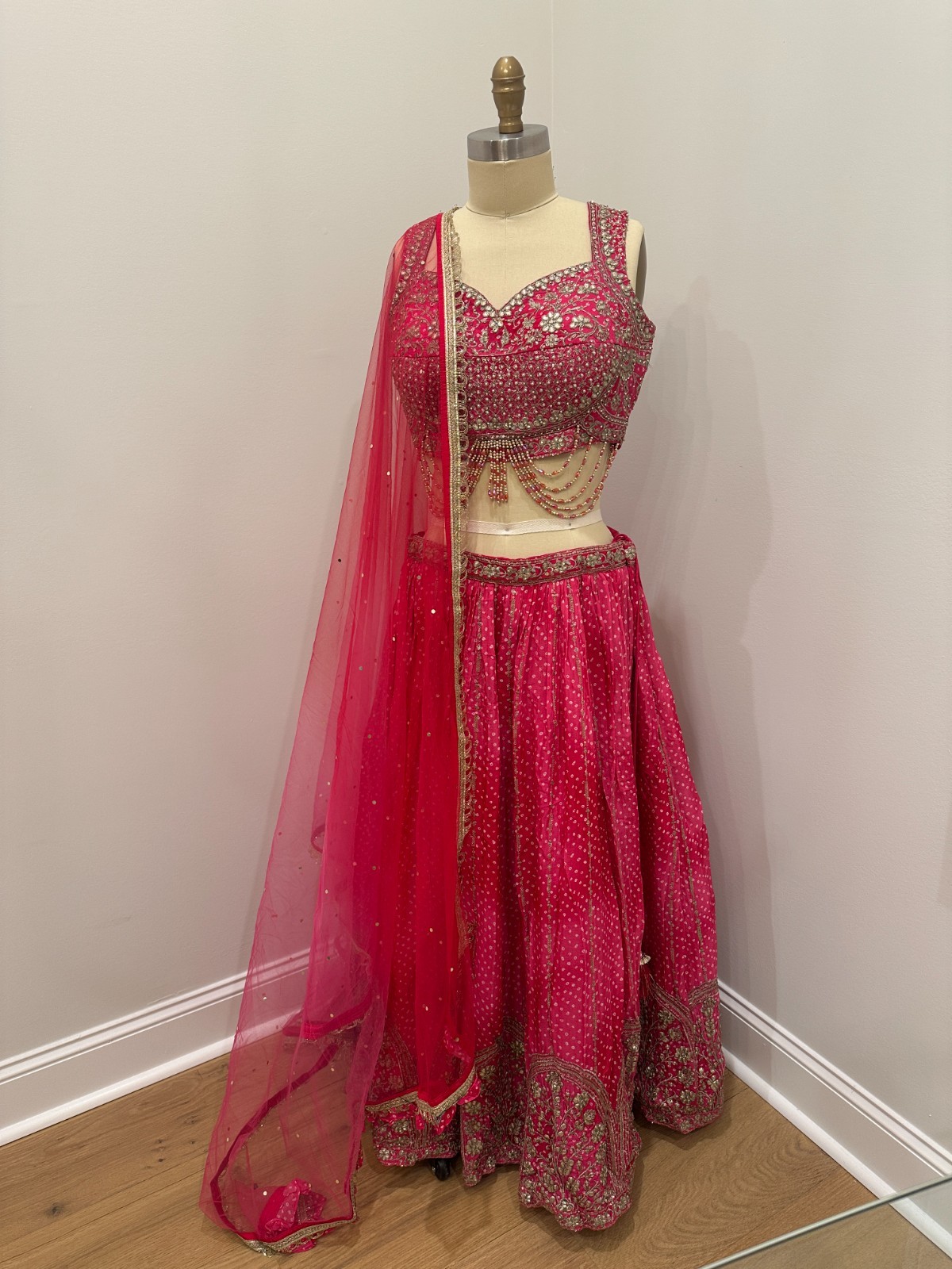 South Asian Lehenga Choli, Hot Pink, Rani Pink, Sequin Bandani Fabric, Beaded