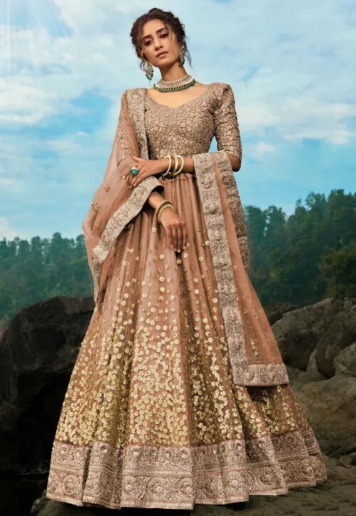 Size 38 Readymade stitched Embroidered Net Lehenga in Dark Beige