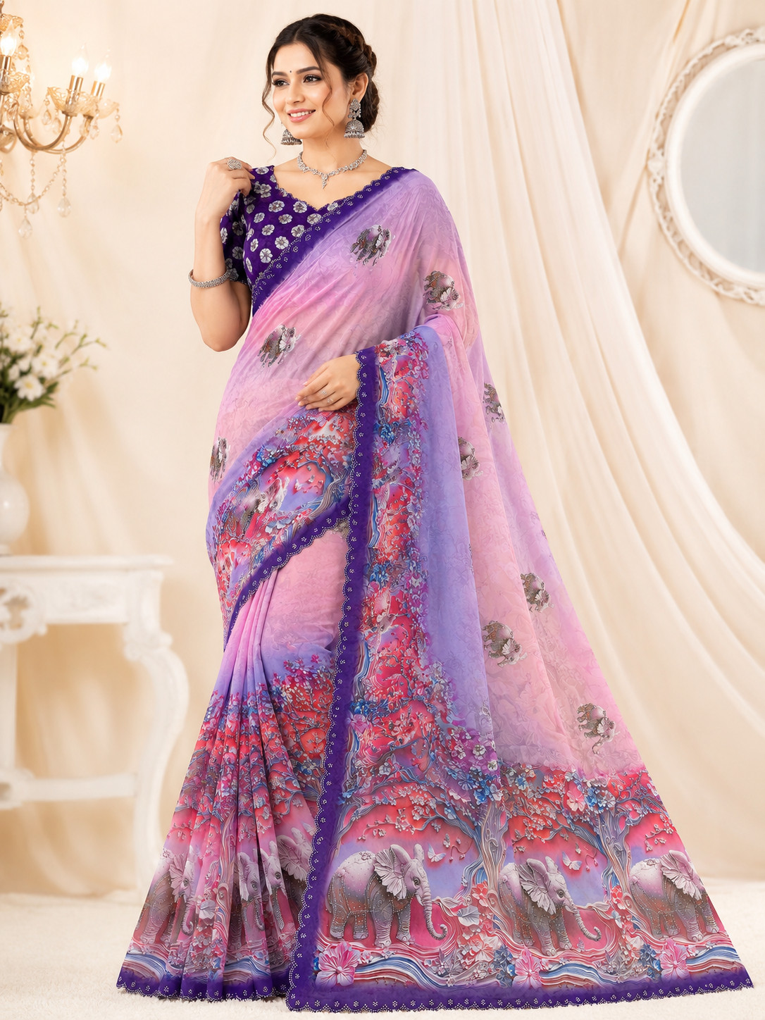 Women’s Purple Weightless 3D Digital Elephant Print Swarovski Work Party Wear