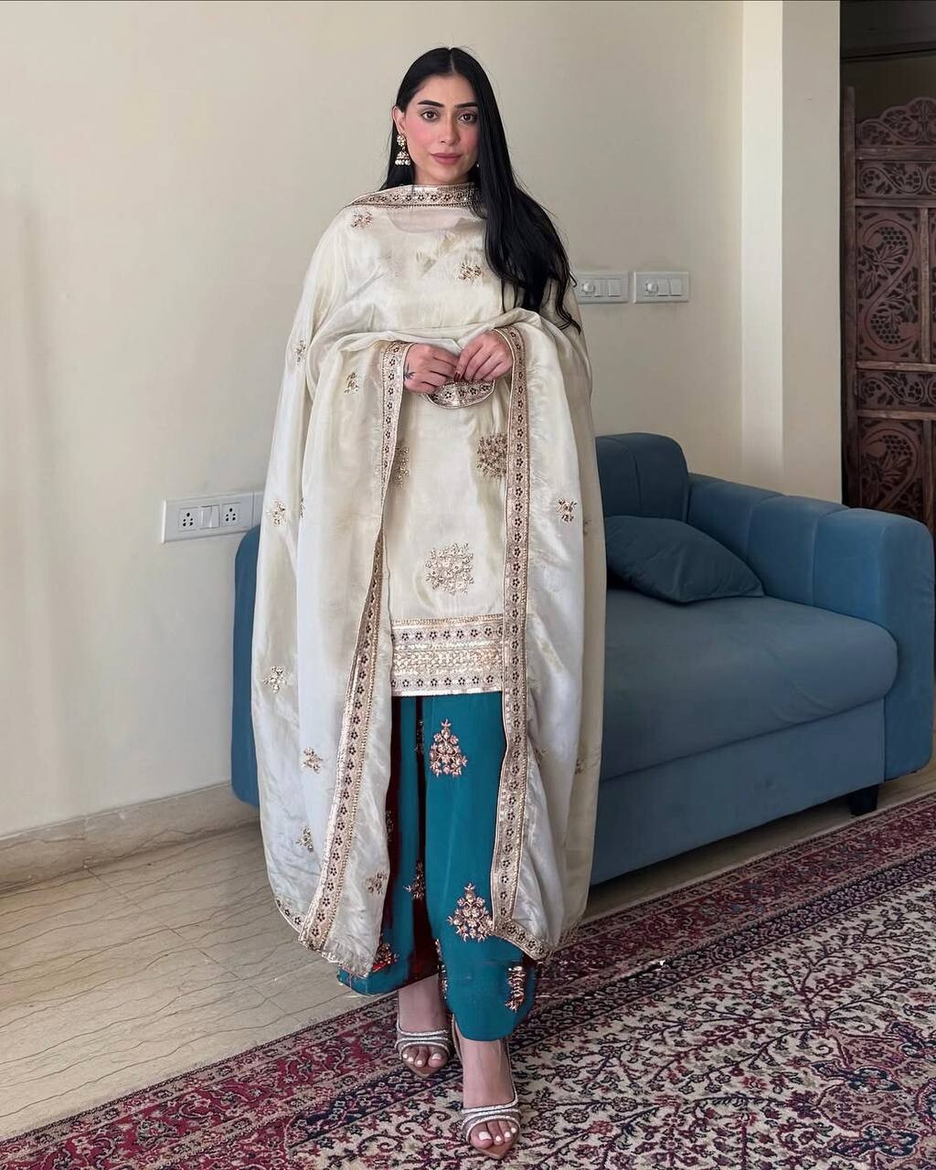 Luxurious White Chinon Silk Salwar Suit -Sequined & Embroidered for All Occasion