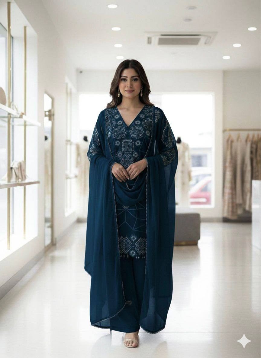 New Bollywood Designer Chinon Top Palazzo With Dupatta For Women And Girls Wear