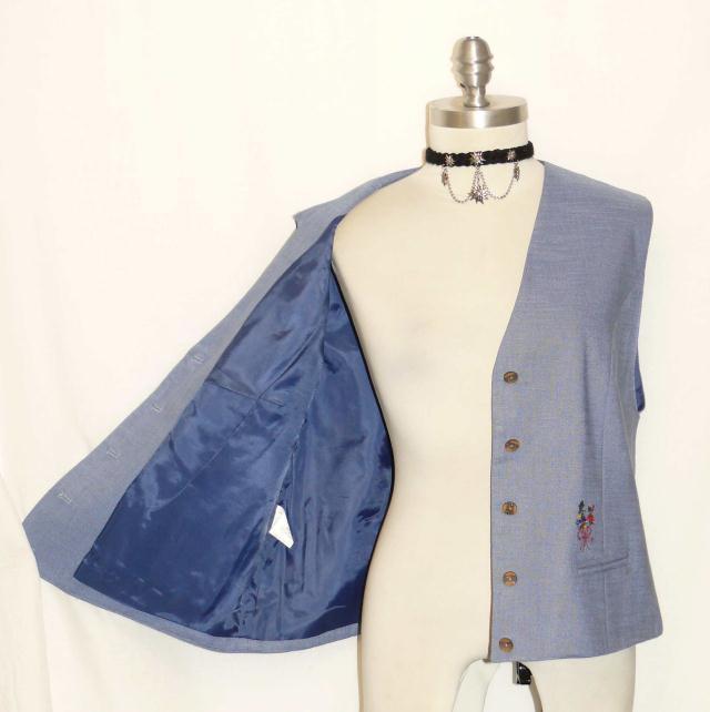 BLUE ~ LINEN Blend ~ Women German LACE UP IN BACK Summer Dress Skirt Suit VEST M