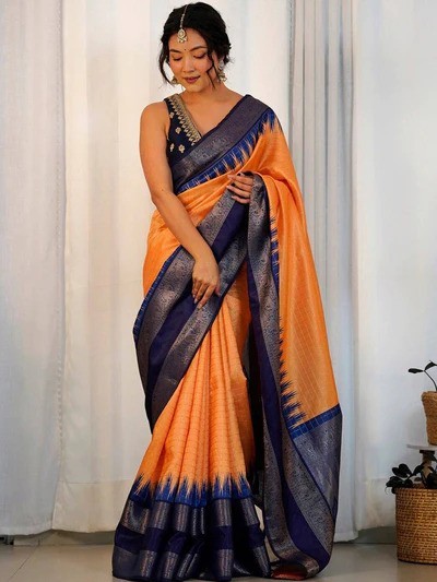 Women Saree Banarasi Silk Gadwal Pattu Orange Color Zari Border With Blouse