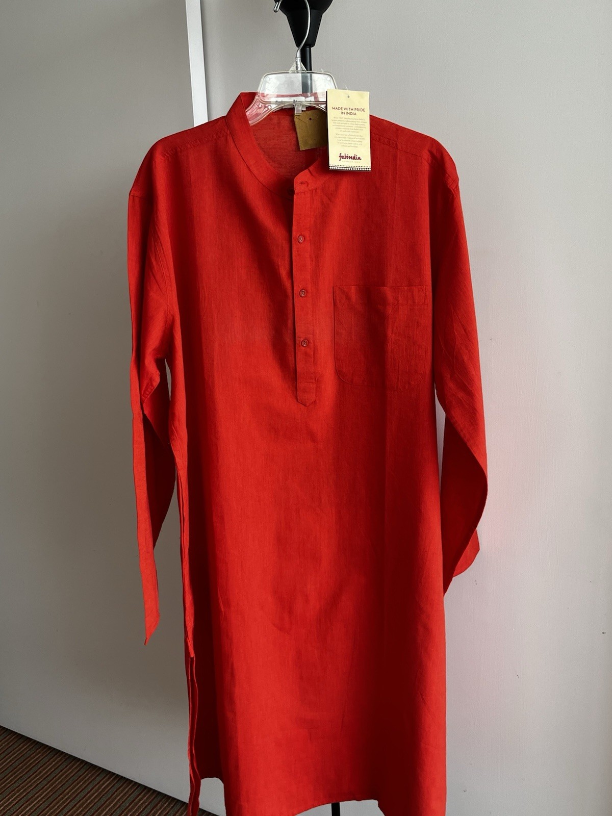 NWT FABINDIA Men’s Orange 🍊 Long Kurta Woven Embroidered Cotton Nehru Collar L