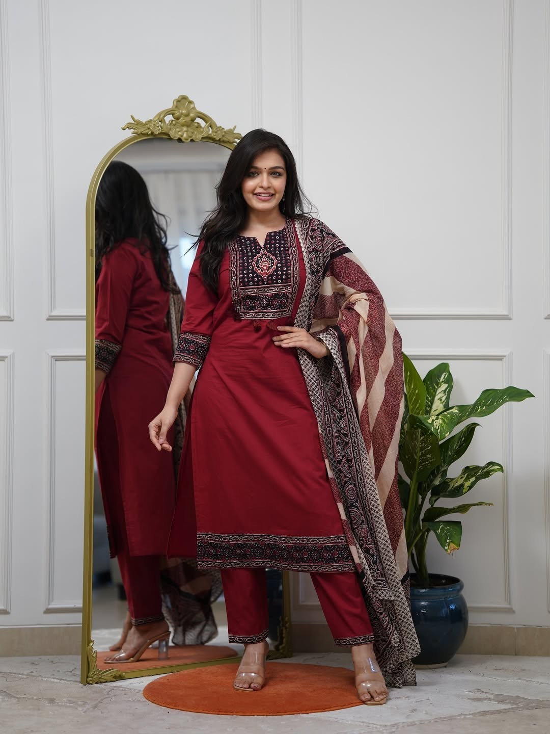 Designer Women Cotton Kurti Pant Dupatta Set Indian Ethnic Top Tunic Kurta Set