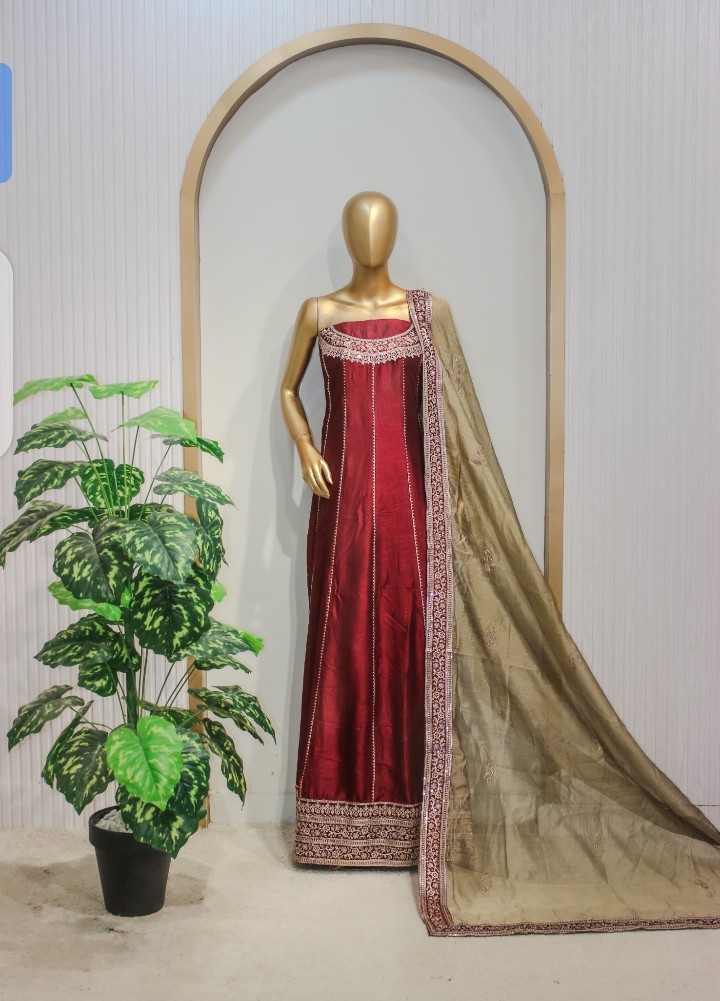 Pakistani Shalwar Qamez 3Pc Semi Stitched Maxci With Plain Malai Fabric Rawsilk