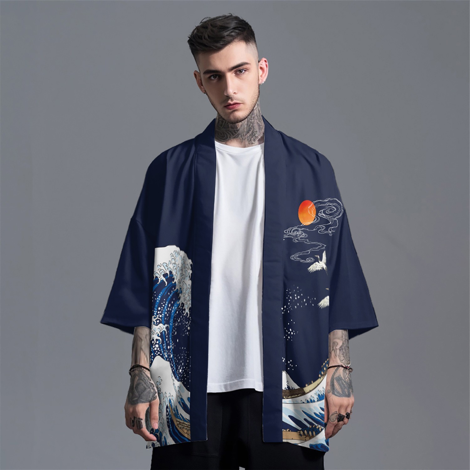 Niepce Men’s Japanese Graphic Lightweight Jumping Koi Kimono Cardigan Shirt Top