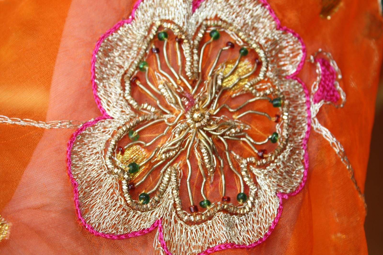 Ethnic India Hippie BOHO Skirt M Orange Organza Golden Polka Dot Embroidered #03
