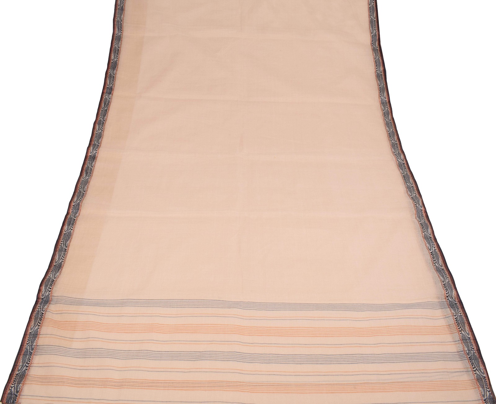 Sushila Vintage Cream Pure Cotton Saree Stripes & Paisley Woven Sari Fabric