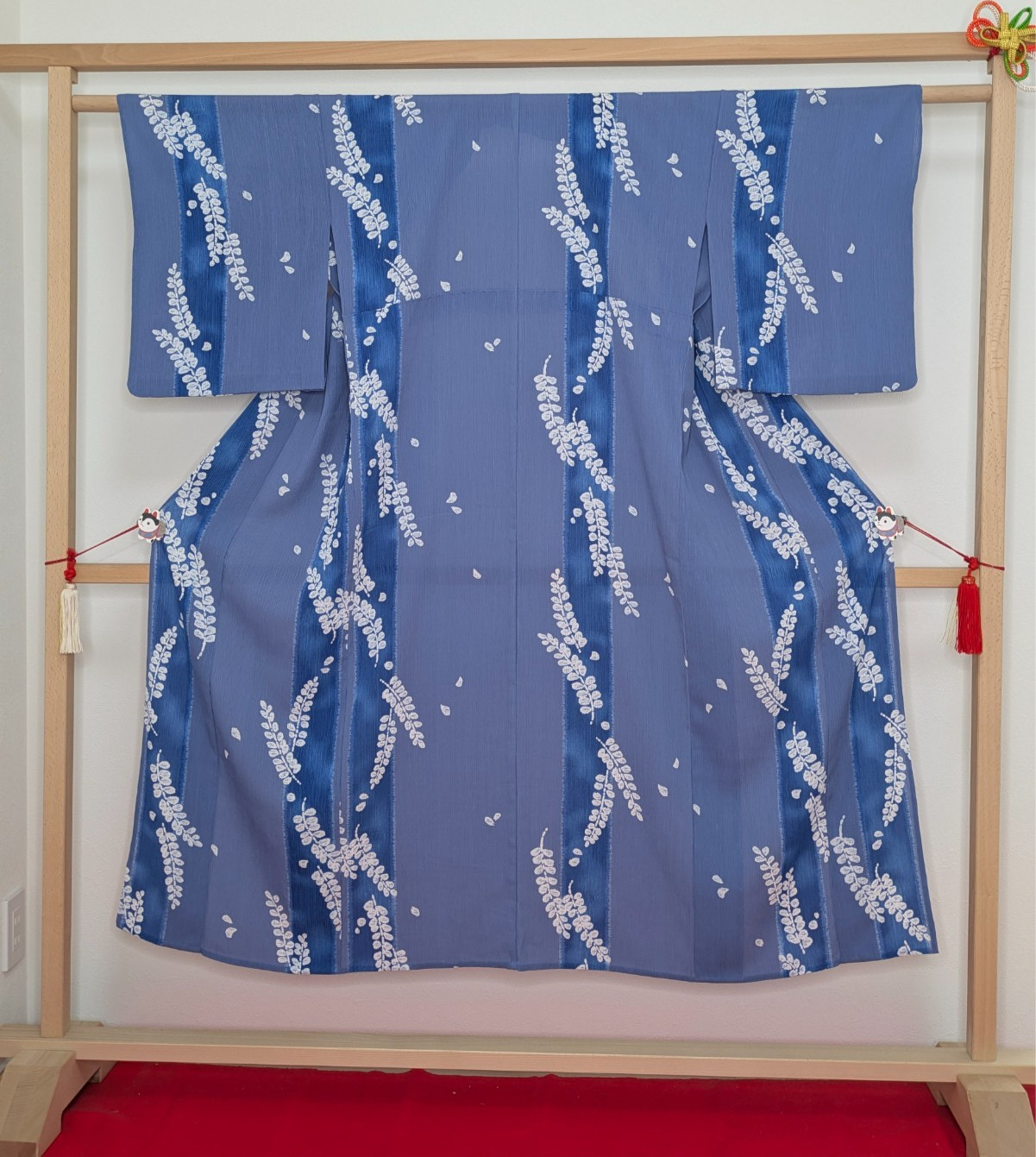 Japanese Summer Kimono Polyester Blue White Leaves Floral Washable Usumono